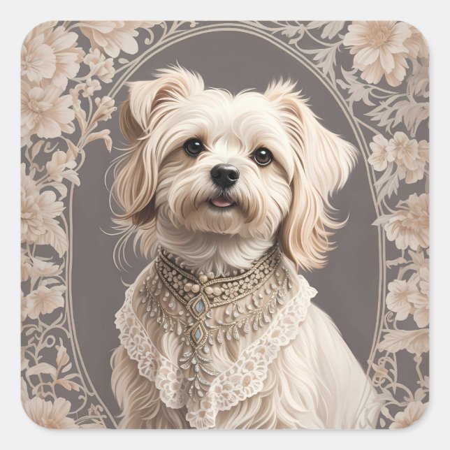 Sticker Carré L'Élégant Chien Maltais William Morris Inspiré (Devant)