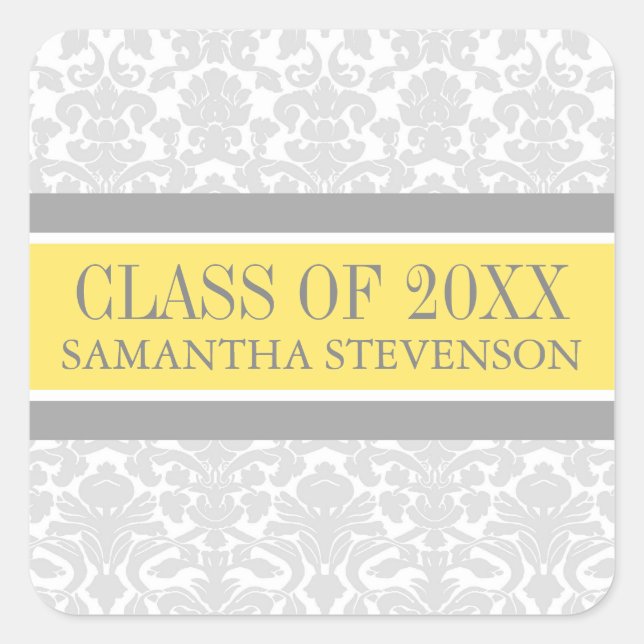 Sticker Carré Lemon Grey Damask Graduation Custom Année Nom (Devant)