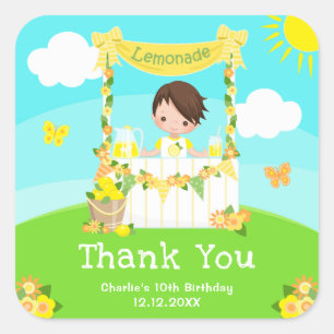 Sticker Carré Lemonade Brown Cheveux garçon Anniversaire Merci