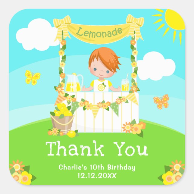Sticker Carré Lemonade Red Hair Boy Anniversaire Merci (Devant)