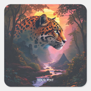 Sticker Carré Léopard mignon de fantaisie au coucher du soleil