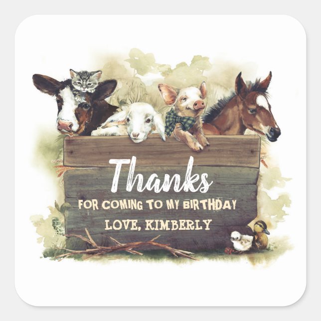 Sticker Carré Les animaux de ferme mignons Merci d'anniversaire (Devant)