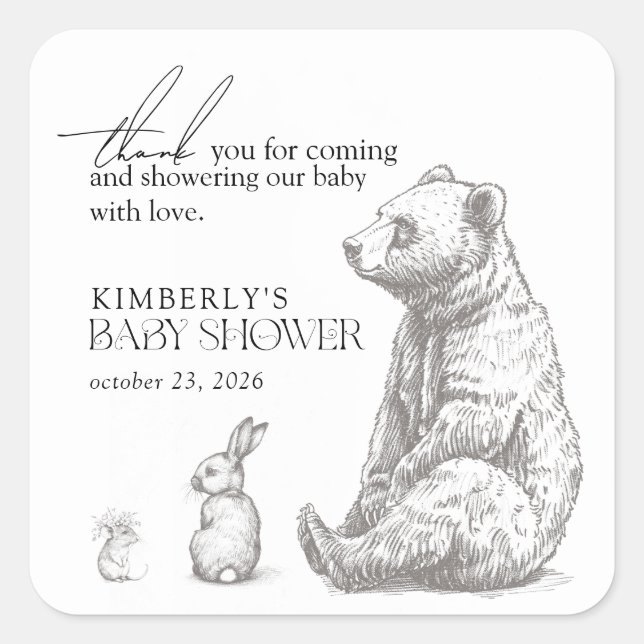 Sticker Carré Les animaux de la forêt ancienne Baby shower Merci (Devant)
