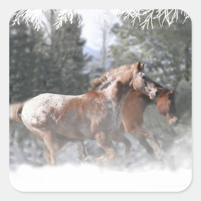 Sticker Carré Les chevaux courent dans la neige Noël (Devant)