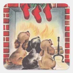 Sticker Carré Les Chiots De Noël Vintage Attendent Père Noël