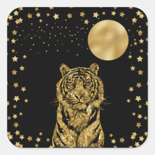 Sticker Carré Les étoiles du tigre d'or et la lune en noir