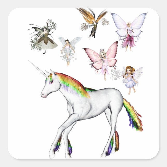 Sticker Carré Les fées colorent la licorne (Devant)