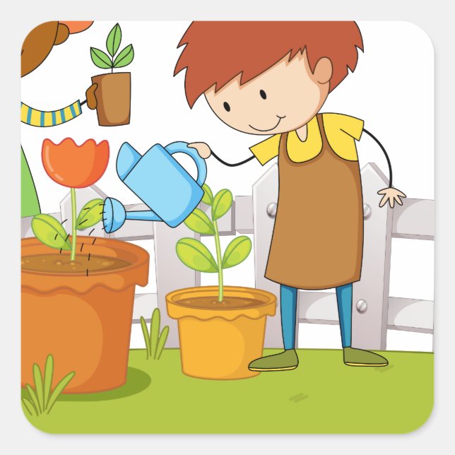 Sticker Carré Les jardiniers plantent arbre et fleurs dans le ja (Devant)
