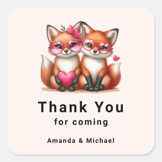 Sticker Carré Les mignons renards orange en Merci d'amour (Devant)