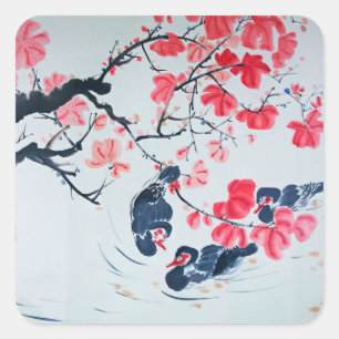 Sticker Carré Les Oiseaux De Baignade Chinois Parmi Les Fleurs