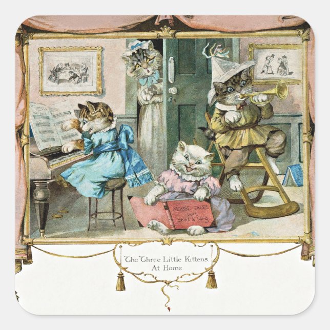 Sticker Carré Les trois petits chatons à la maison (Devant)