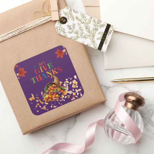 Sticker Carré Let’s Give Thanks Cornucopia Thanksgiving (Cadeaux)
