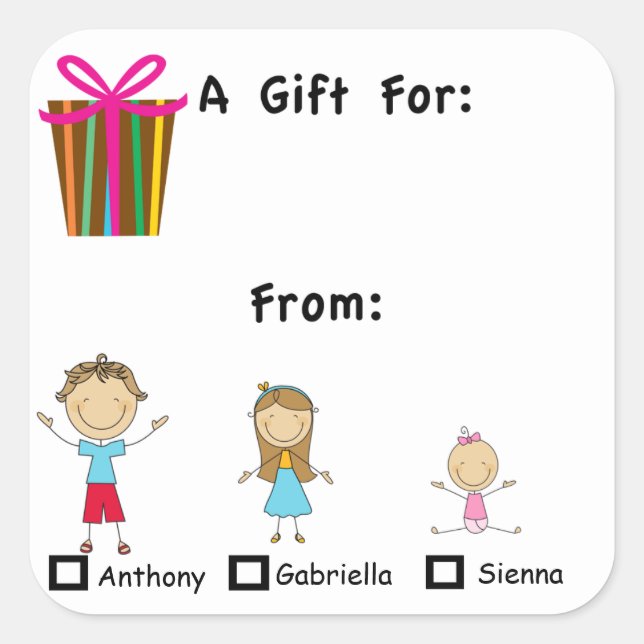 Sticker Carré L'étiquette adorable de cadeau avec 3 enfants (Devant)
