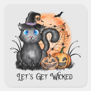 Sticker Carré Let's Get Wicked   Black Witch Cat