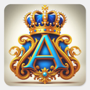 Sticker Carré Lettre A dorée ornée avec cadre et couronne