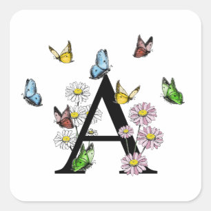 Sticker Carré Lettre A Floral Butterfly Monogramme initial