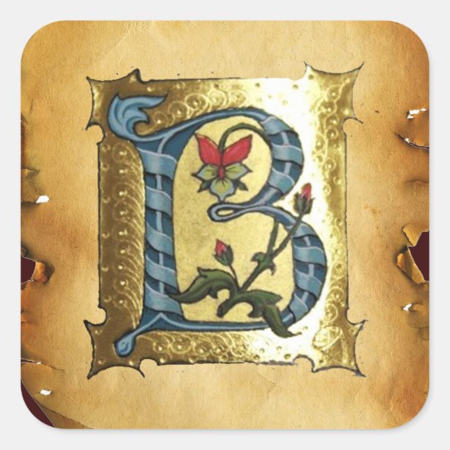 STICKER CARRÉ LETTRE BLEUE OR B AVEC MONOGRAM FLEURS (Devant)
