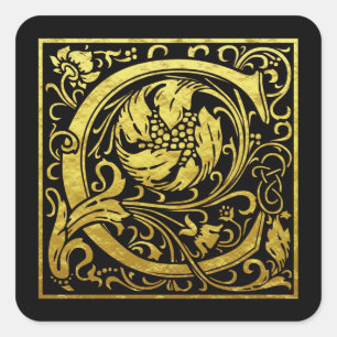 Sticker Carré Lettre C Première Lettre Faux Gold Black