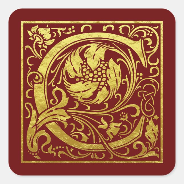 Sticker Carré Lettre C Première Lettre Faux Or Rouge (Devant)