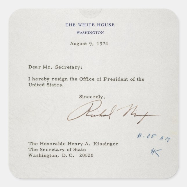 Sticker Carré Lettre de démission de Richard M. Nixon 1974 (Devant)