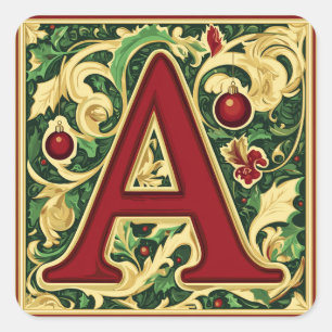 Sticker Carré Lettre de Noël A : Rouge et vert avec accent or