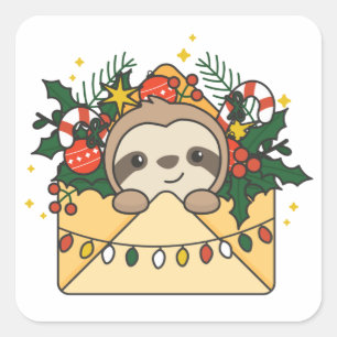 Sticker Carré Lettre de Noël Sloth Winter Animaux Sloths Squar