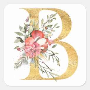 Sticker Carré Lettre d'or B avec fleurs