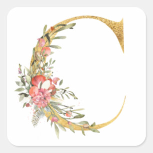 Sticker Carré Lettre d'or C avec fleurs