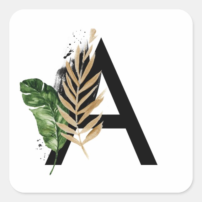 Sticker Carré LETTRE Feuille Tropicale Faux Gold Foil A Monogram (Devant)