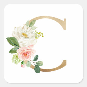 Sticker Carré LETTRE Florale C MONO FAUX OR FAUX FÉMININE