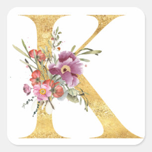 Sticker Carré Lettre K monogramme dorée avec fleurs
