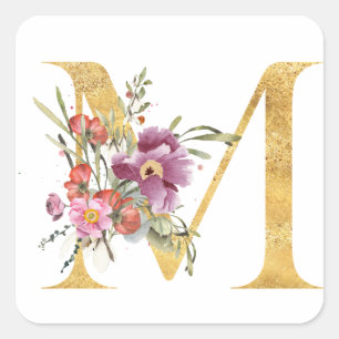 Sticker Carré Lettre M MONOGRAM d'or avec fleur