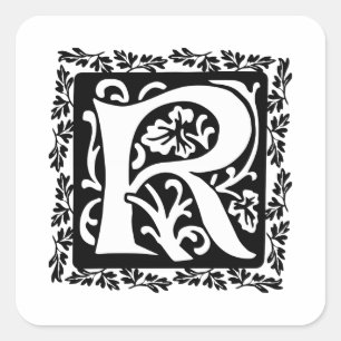 Sticker Carré Lettre médiévale R Monogramme noir et blanc