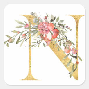 Sticker Carré Lettre MONOGRAMME D'Or N avec fleur