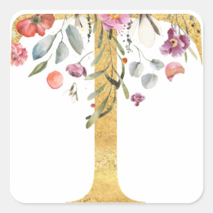 Sticker Carré Lettre MONOGRAMME D'OR T avec fleur
