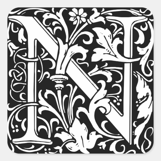 Sticker Carré Lettre N Monogramme médiéval Art Nouveau (Devant)