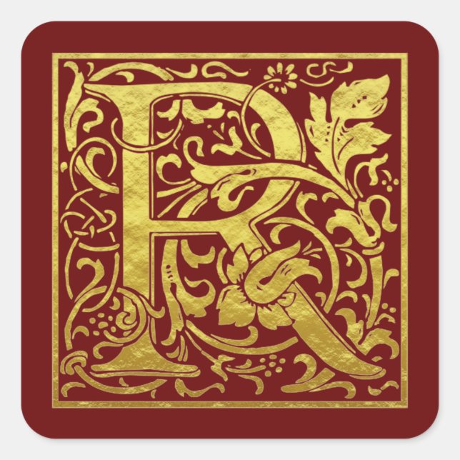 Sticker Carré Lettre R Première Lettre Faux Or Rouge (Devant)