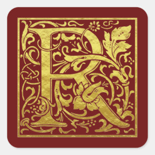 Sticker Carré Lettre R Première Lettre Faux Or Rouge