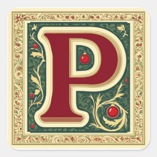 Sticker Carré Lettre rouge et verte de Noël P avec or