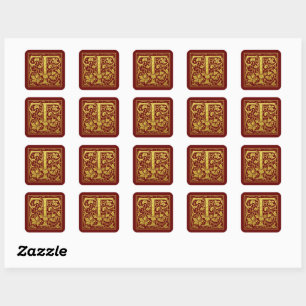Sticker Carré Lettre T Première Lettre Faux Gold Rouge
