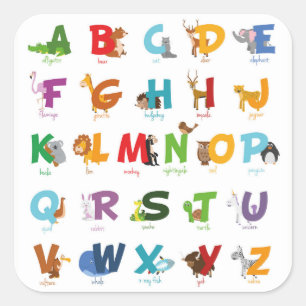 Sticker Carré Lettres animales illustrées colorées d'alphabet