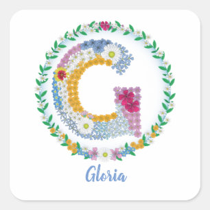 Sticker Carré Lettres de fleurs Initiale "G" avec nom personnali