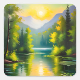 Sticker Carré Lever de soleil sur des montagnes enneigées et un