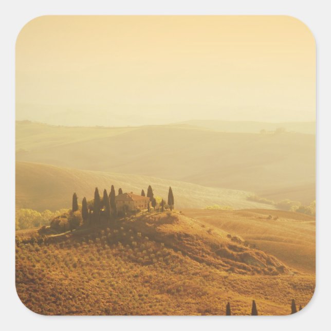 Sticker Carré Lever de soleil sur un paysage en Toscane autocoll (Devant)