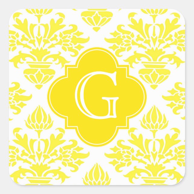 Sticker Carré Lg jaune Damask jaune Quatrefoil Monogramme (Devant)