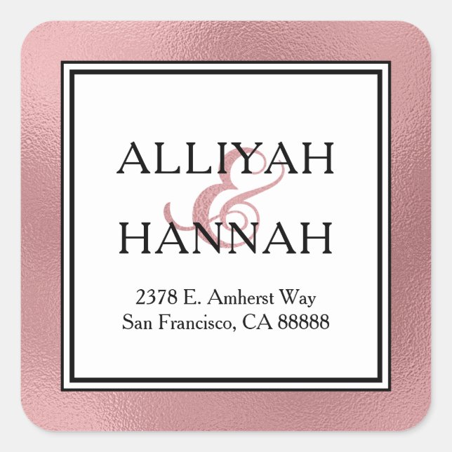 Sticker Carré LGBTQ Rose Gold Modern Mariage Adresse de retour (Devant)