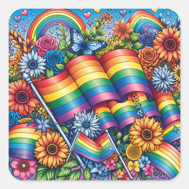 Sticker Carré LGBTQIA+ Drapeaux de fierté, Arcs-en-ciel, Fleurs (Devant)