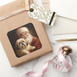 Sticker Carré Lhasa Apso Avec Noël Festif Du Père Noël