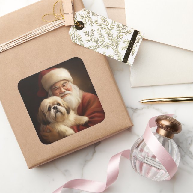 Sticker Carré Lhasa Apso Avec Noël Festif Du Père Noël (Cadeaux)