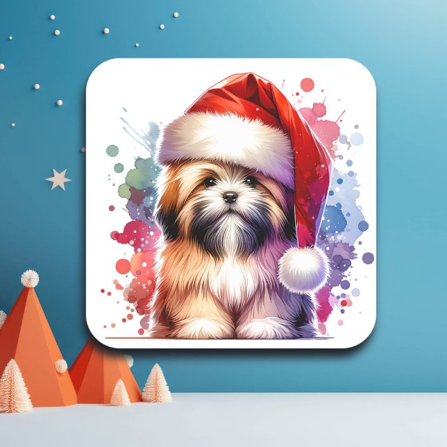 Sticker Carré Lhasa Apso Chien à Santa Hat Noël (Créateur téléchargé)
